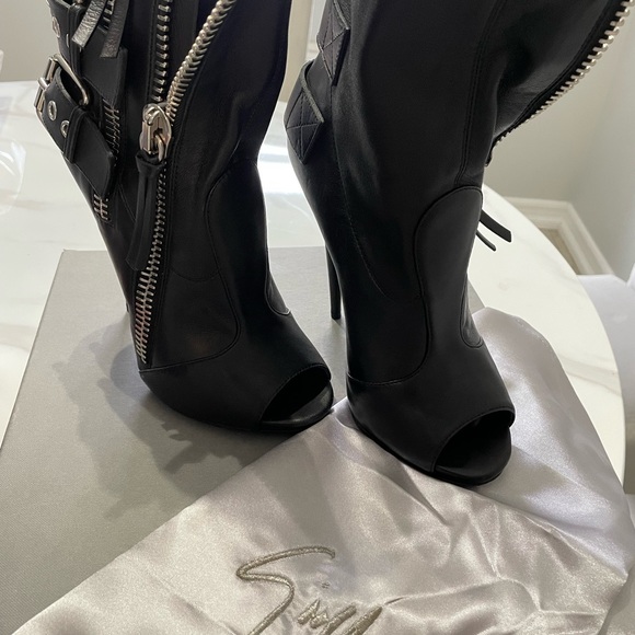 Giuseppe Zanotti Double-Buckle Biker Peep-Toe Bootie, Black - Picture 6 of 6